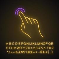 Touchscreen gesture neon light icon. Tap, point, click, double tap, drag, double click gesturing. Using sensory devices. Glowing sign with alphabet, numbers and symbols. Vector isolated illustration