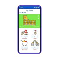 Trip planner smartphone interface template. Travel itinerary mobile app page layout. Sightseeing tour, hotel booking service screen. Vacation, holiday planning application flat UI. Phone display vector