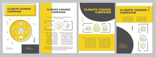 Climate change campaign yellow brochure template. Prevent warming. Booklet print design with linear icons. Vector layouts for presentation, annual reports, ads. Arial, Myriad Pro-Regular fonts used
