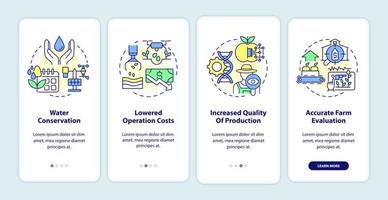 Smart farming benefits onboarding mobile app screen. Water conservation walkthrough 4 steps graphic instructions pages with linear concepts. UI, UX, GUI template. Myriad Pro-Bold, Regular fonts used vector