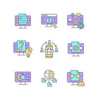 Digital literacy skills RGB color icons set. Manage digital content. Social networks. Computer algorithms. Isolated vector illustrations. Simple filled line drawings collection. Editable stroke