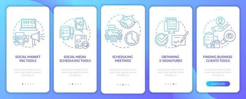 Marketing tools types blue gradient onboarding mobile app screen. Walkthrough 5 steps graphic instructions pages with linear concepts. UI, UX, GUI template. Myriad Pro-Bold, Regular fonts used vector