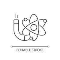 Physics linear icon. Image of atom, electrons, protons, neutrons. Stydying of matter, motion. Thin line customizable illustration. Contour symbol. Vector isolated outline drawing. Editable stroke