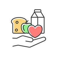 Food donation RGB color icon. Charity organizations. Lack of products consumption. Food insecurity. Volunteering and poor people support. Isolated vector illustration. Simple filled line drawing
