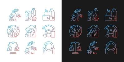 Hunger reasons gradient icons set for dark and light mode. Pests and harvest loss danger. Thin line contour symbols bundle. Isolated vector outline illustrations collection on black and white