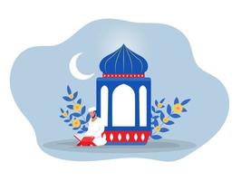 noche de ramadán con personaje femenino musulmán sentado de rodillas, orar, pidiendo ayuda a dios. fe, religión, concepto de problemasvector vector