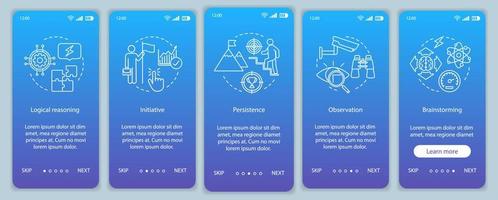 Mental skills onboarding mobile app page screen vector template. HR soft qualities walkthrough website steps. Observation, initiative, brainstorming. UX, UI, GUI smartphone interface concept