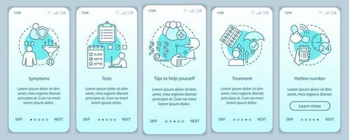 Depression overcoming onboarding mobile app page screen vector template. Symptoms, tests, treatment. Walkthrough website steps with linear illustrations. UX, UI, GUI smartphone interface concept