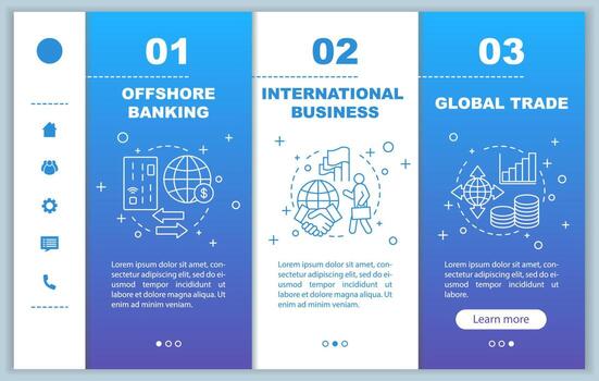 Offshore baking onboarding mobile app page screen vector template. International business, global trade, finance management steps with linear illustrations. UX, UI, GUI smartphone interface concept