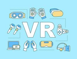 Virtual reality word concepts banner. Controllers and headset. Innovative VR equipment. Presentation, website. Isolated lettering typography idea with linear icons. Vector outline illustration