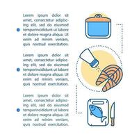 Meal preparation article page vector template. Cooking. Brochure, magazine, booklet design element with linear icons, text boxes. Fish processing. Print design. Concept illustrations with text space