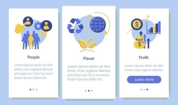 plantilla de vector de pantalla de página de aplicación móvil de incorporación de gestión de recursos. personas, planeta y ganancias. resultado final triple. instrucciones del sitio web de diseño plano. ux, ui, concepto de dibujos animados de interfaz de teléfono inteligente gui