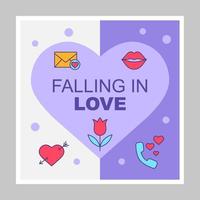 Fall in love social media posts mockup. Dating. Advertising web banner design template. Social network booster, content layout. Isolated promotion border, frame with copyspace, headlines, linear icons vector