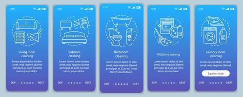 plantilla de vector de pantalla de página de aplicación móvil de incorporación de limpieza del hogar. sala de estar, dormitorio, baño de limpieza. paso a paso del sitio web, ilustraciones lineales. ux, ui, concepto de interfaz de teléfono inteligente gui