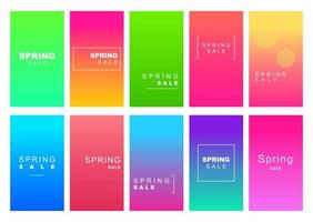 Spring sale social media stories duotone template set. Gradient advertising web banner with text, promotion content layout. Modern vibrant mobile app design. Blending colors with frame mockup pack vector