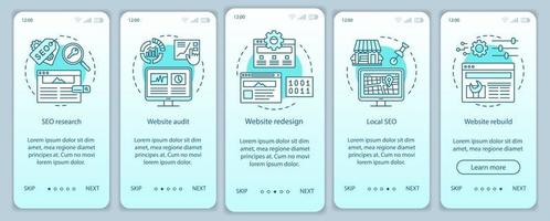 Web consulting onboarding mobile app page screen vector template. SEO research. Website redesign, audit. Walkthrough website steps with linear illustrations. UX, UI, GUI smartphone interface concept