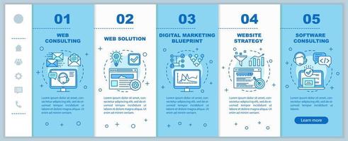 consultoría web, servicios de marketing que incorporan la plantilla vectorial de páginas web móviles. idea de interfaz de sitio web de teléfono inteligente sensible con ilustraciones lineales. pantallas de pasos del tutorial de la página web. concepto de color vector