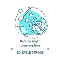 reducir el icono del concepto de consumo de azúcar. Dieta con bajo contenido de azúcar. límite de dulces. prohibición de comida dulce. idea de restricción de comida chatarra ilustración de línea delgada. dibujo de contorno aislado vectorial. trazo editable vector