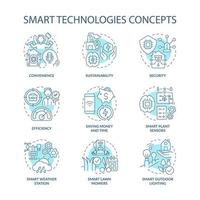 Conjunto de iconos de concepto turquesa de tecnologías inteligentes. iot devices idea ilustraciones en color de línea delgada. solución sostenible. símbolos aislados. trazo editable. roboto-medium, innumerables fuentes pro-bold utilizadas vector