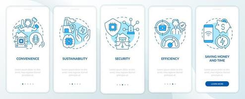 Smart technologies benefits blue onboarding mobile app screen. Security walkthrough 5 steps graphic instructions pages with linear concepts. UI, UX, GUI template. Myriad Pro-Bold, Regular fonts used vector