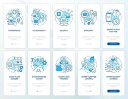 Conjunto de pantalla de aplicaciones móviles de incorporación azul de tecnologías innovadoras. tutorial de jardinería 5 pasos páginas de instrucciones gráficas con conceptos lineales. interfaz de usuario, ux, plantilla de interfaz gráfica de usuario. innumerables fuentes pro-negrita y regulares utilizadas vector