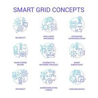 Smart grid blue gradient concept icons set. Contemporary engineering system. Electric power idea thin line color illustrations. Isolated outline drawings. Roboto-Medium, Myriad Pro-Bold fonts used vector