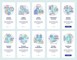 Economic systems onboarding mobile app screen set. Market economy walkthrough 5 steps graphic instructions pages with linear concepts. UI, UX, GUI template. Myriad Pro-Bold, Regular fonts used vector