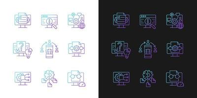 Digital literacy skills gradient icons set for dark and light mode. Manage digital content. Thin line contour symbols bundle. Isolated vector outline illustrations collection on black and white