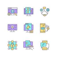 Digital proficiency RGB color icons set. Identifying risks. Internet safety. Cloud solutions. Cashless payment. Isolated vector illustrations. Simple filled line drawings collection. Editable stroke