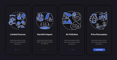 Limited energy problems onboarding mobile app page screen. Power walkthrough 4 steps graphic instructions with linear concepts. UI, UX, GUI template. Night mode. Myriad Pro-Bold, Regular fonts used vector