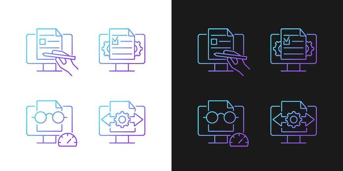 Proficiency in document management gradient icons set for dark and light mode. Digital writing. Thin line contour symbols bundle. Isolated vector outline illustrations collection on black and white