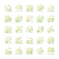 Land types gradient linear vector icons set. Biome diversity. Hot and cold climate zones. Agricultural and industrial areas. Thin line contour symbols bundle. Isolated outline illustrations collection