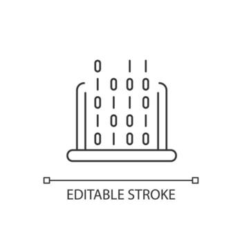 IT linear icon. Coding classes in schools. Computer hardware, operating systems studying. Thin line customizable illustration. Contour symbol. Vector isolated outline drawing. Editable stroke