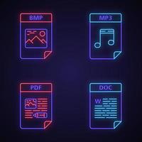 Files format neon light icons set. Image, audio files, text documents. BMP, MP3, PDF, DOC. Glowing signs. Vector isolated illustrations