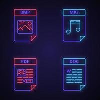 Files format neon light icons set. Image, audio files, text documents. BMP, MP3, PDF, DOC. Glowing signs. Vector isolated illustrations