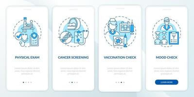 Physical examination components blue onboarding mobile app page screen. Healthcare walkthrough 4 steps graphic instructions with concepts. UI, UX, GUI vector template with linear color illustrations