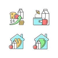 Poverty and hunger RGB color icons set. No money for products. Increased prices. Food insecurity. Household nutrition security. Isolated vector illustrations. Simple filled line drawings collection