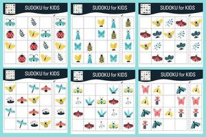 juego de sudoku para niños con imágenes. dibujos animados de mariposas, insectos y elementos del mundo natural. vector. vector