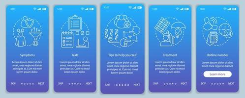 Depression overcoming onboarding mobile app page screen vector template. Symptoms, tests, treatment. Walkthrough website steps with linear illustrations. UX, UI, GUI smartphone interface concept