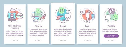 Food poisoning onboarding mobile app page screen vector template. Foodborne illness. Diarrhea, cramps, fever, vomiting. Indigestion. Walkthrough website steps. UX, UI, GUI smartphone interface concept