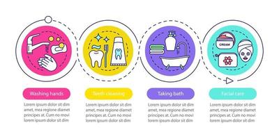 plantilla infográfica vectorial de higiene personal. lavarse las manos, bañarse, limpiarse los dientes. visualización de datos con cuatro pasos y opciones. gráfico de línea de tiempo del proceso. diseño de flujo de trabajo con iconos vector