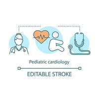 icono del concepto de cardiología pediátrica. diagnóstico de corazón infantil. cardiólogo, estetoscopio, cardiograma. Ilustración de línea delgada de idea de centro de atención de salud de nena. dibujo de contorno aislado vectorial. trazo editable vector