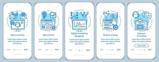 plantilla de vector de pantalla de página de aplicación móvil de incorporación de consultoría web. marketing digital, estrategia de sitio web. paso a paso del sitio web con ilustraciones lineales. ux, ui, concepto de interfaz de teléfono inteligente gui