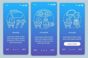 VR game subscription onboarding mobile app page screen vector template. Walkthrough website steps with linear illustrations. Monthly or annually tariffs. UX, UI, GUI smartphone interface concept