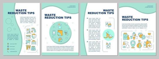 Waste reduction tips mint brochure template. Reuse and recycle. Booklet print design with linear icons. Vector layouts for presentation, annual reports, ads. Arial, Myriad Pro-Regular fonts used