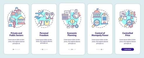 Mixed economy features onboarding mobile app screen. State and business walkthrough 5 steps graphic instructions pages with linear concepts. UI, UX, GUI template. Myriad Pro-Bold, Regular fonts used vector