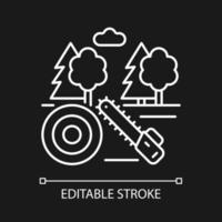 Working forest white linear icon for dark theme. Lumber industry. Deforestation. Timber production. Thin line customizable illustration. Isolated vector contour symbol for night mode. Editable stroke