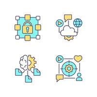 Digital inclusion RGB color icons set. Cloud computing. Machine learning. Encrypted data storage. Manage focus. Isolated vector illustrations. Simple filled line drawings collection. Editable stroke