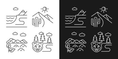 Natural landforms linear icons set for dark and light mode. Coastal terrain. Hot desert. Boreal forest. Customizable thin line symbols. Isolated vector outline illustrations. Editable stroke