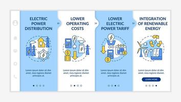 Smart grid characteristics blue and white onboarding template. Energy tech. Responsive mobile website with linear concept icons. Web page walkthrough 4 step screens. Lato-Bold, Regular fonts used vector